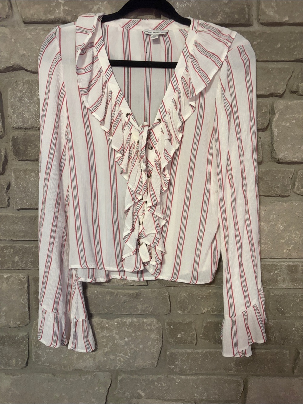 American Eagle Outfitters White Blouse Bell Sleeve Ruffle Tie-Front XS
